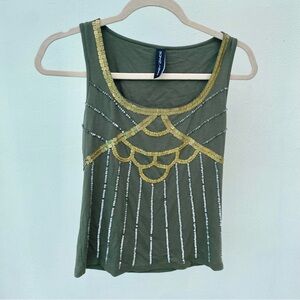 Y2K Mary Zaide Army Green Beaded Tank Top Size Small